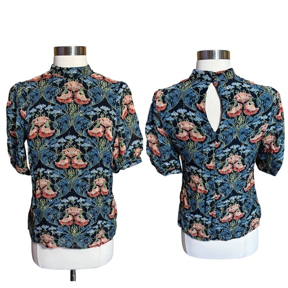 Meadow Rue Tops - Meadow Rue Anthropologie Art Nouveau Floral Gold Metallic High Neck Keyhole Top